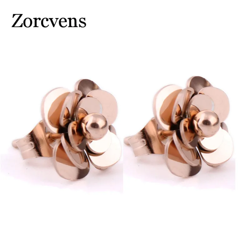 

ZORCVENS 2019 Fashion Women Earrings 316L Stainless Steel Rose Gold Color Flower Stud Earrings
