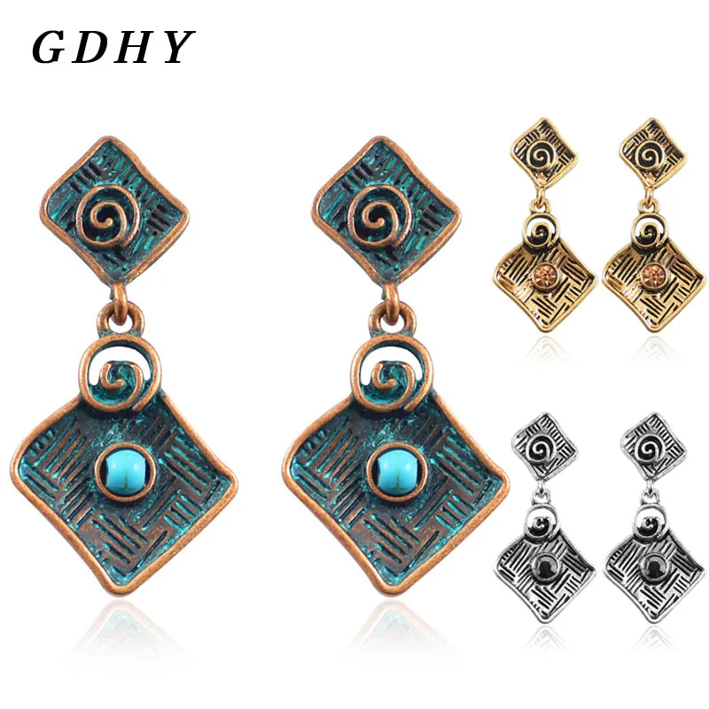 

GDHY Bohemia Rhombus Earrings Antique Carved Pattern Bronze Rhombus Drop Earrings For Women 3 Colors Earring Fashion Jewelry