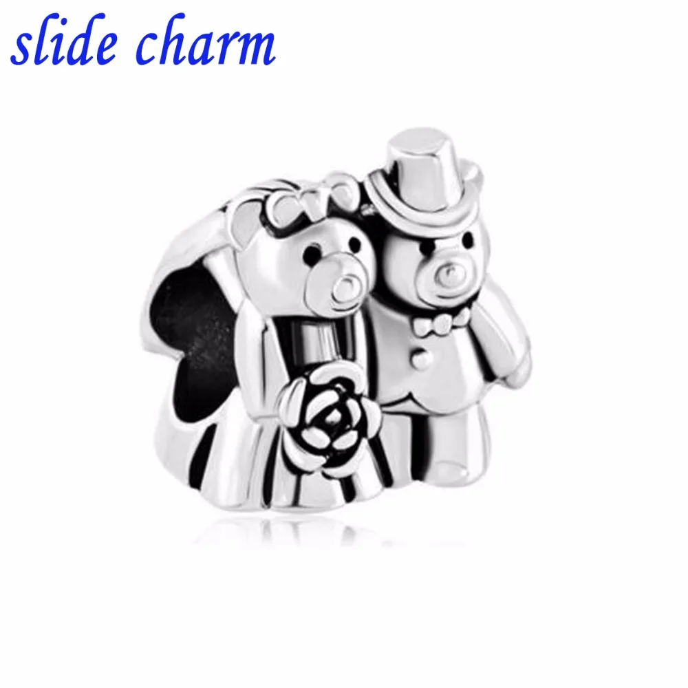 

slide charm Free shipping Children's birthday gift wedding gift couple Bear charm beads fit Pandora charm bracelets