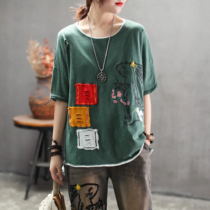 

Cute Rabbit Embroidered T-Shirt Loose Half Sleeve Harajuku Tops Crimping Patch Design Cotton Tshirt Woman Green Yellow Tees 2019