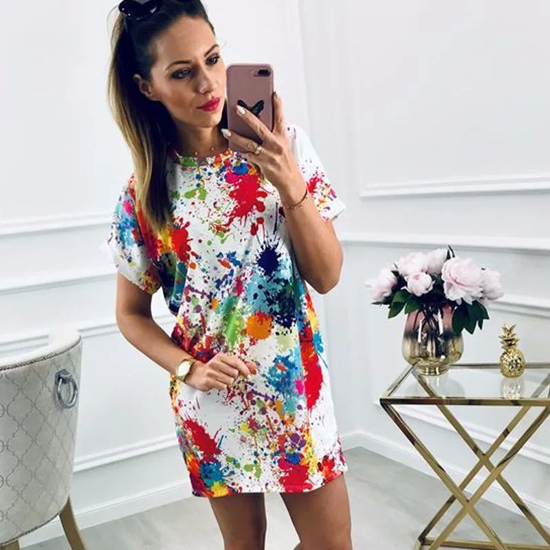 

DeRuiLaDy 2019 Fashion Women Summer Short Sleeve Color Splash Print Mini Dress O Neck Loose Casual Dresses Vestidos