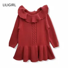 LILIGIRL/новое осеннее вязаное платье для девочек; свитер принцессы с лепестковым воротником; Детские платья для маленьких девочек; детская одежда для свадебной вечеринки