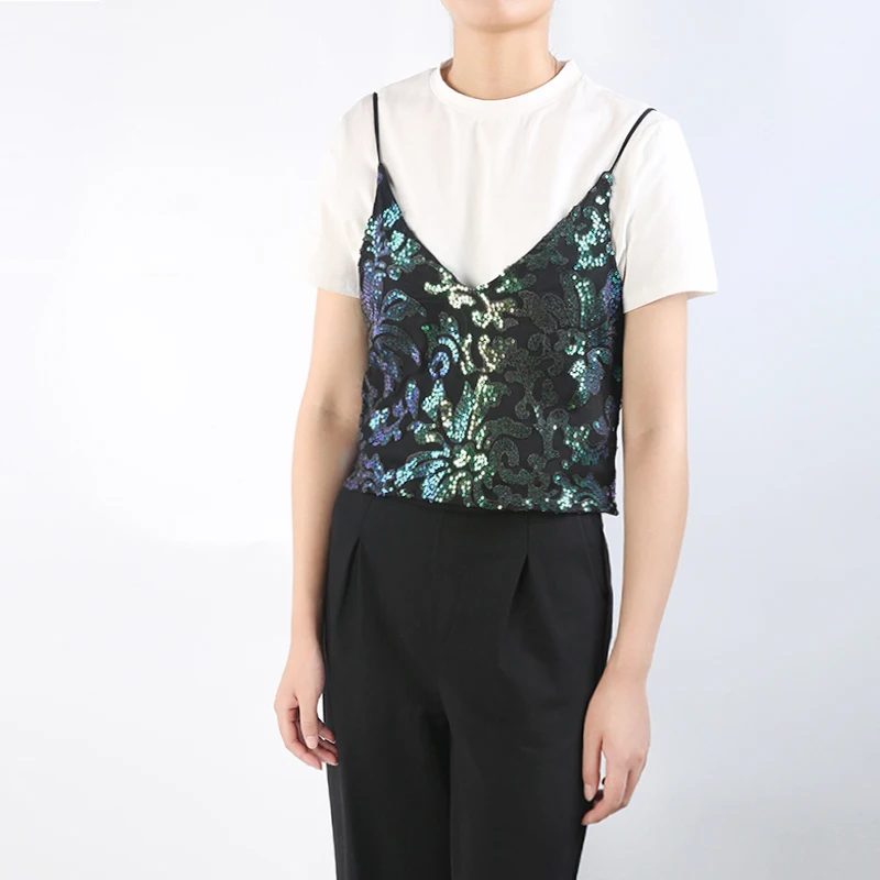 MINSUNDA Green Floral Double V Neck Sequins Camisole Office Ladies Spaghetti Strap Backless Casual Top Women Summer Elegant Vest | Женская