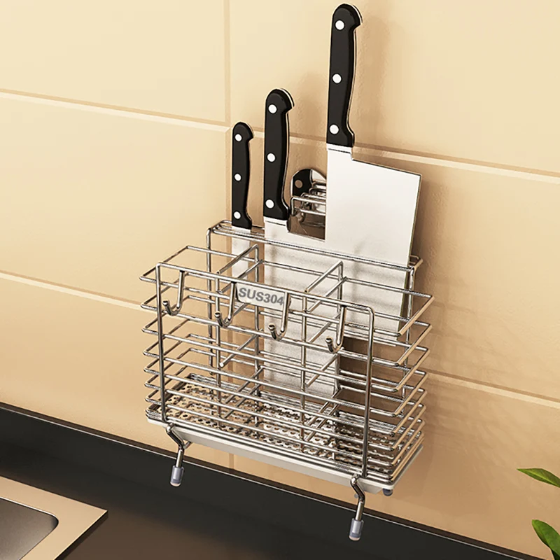 304 stainless steel drain chopsticks tube hanging multi-function spoon fork cage punch-free knife rack household shelves 304 stainless steel drain chopsticks tube hanging multi-function spoon fork cage punch-free knife rack household shelves