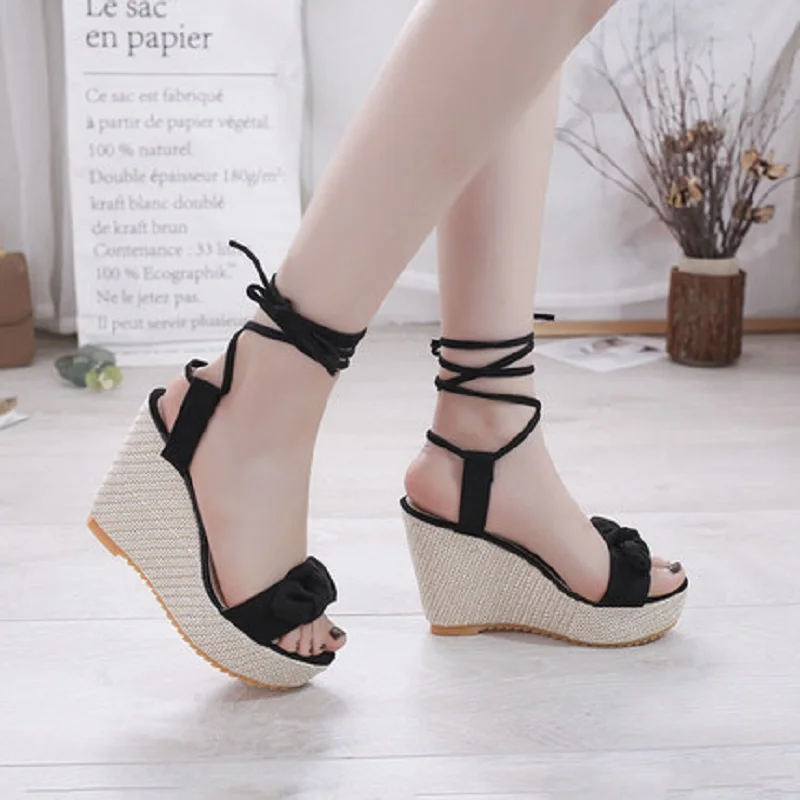 

2019 summer new fashion high sandals bow slope with wild open toe sandals women