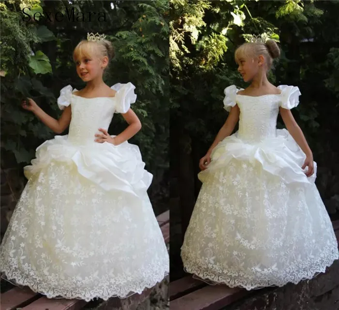 

Princess White Lace Flower Girl Dresses Off The Shoulder Satin Floor Length kids Girls Birthday Party Dress Pageant Gowns