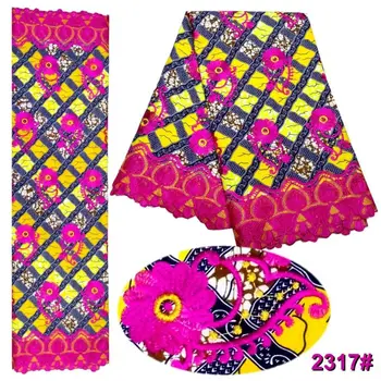 

6 Yards/pc New fashion cotton fabric with lattice printed pattern and fuchsia african water soluble lace for dress LBL34-2