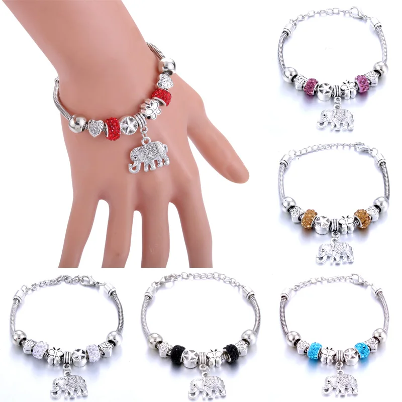 

Antique Original Heart-Shaped Elephant Charm Bracelets For Women Glass Beads Brand Bracelet & Bangle DIY Jewelry Gifts