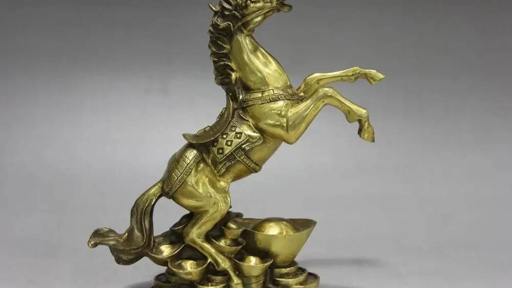 

Chinese Brass Copper Feng Shui Auspicious Wealth YuanBao Coin Horse Steed Statue