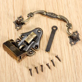 

1Pc Antique Bronze Jewelry Wooden Box Case Toggle Hasp Latch +1Pc Chinese Old Lock +1Pc Pull Handle Iron Furniture Accessories