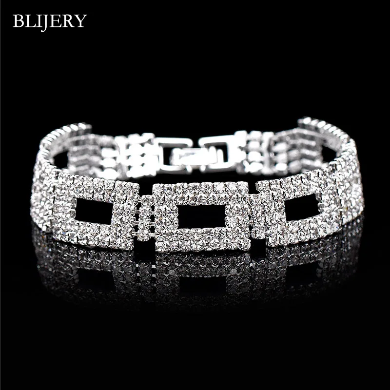 BLIJERY серебряный цвет горный хрусталь Кристалл Браслеты для женщин полые геометрические звенья браслеты и браслеты свадебные ювелирные изделия
