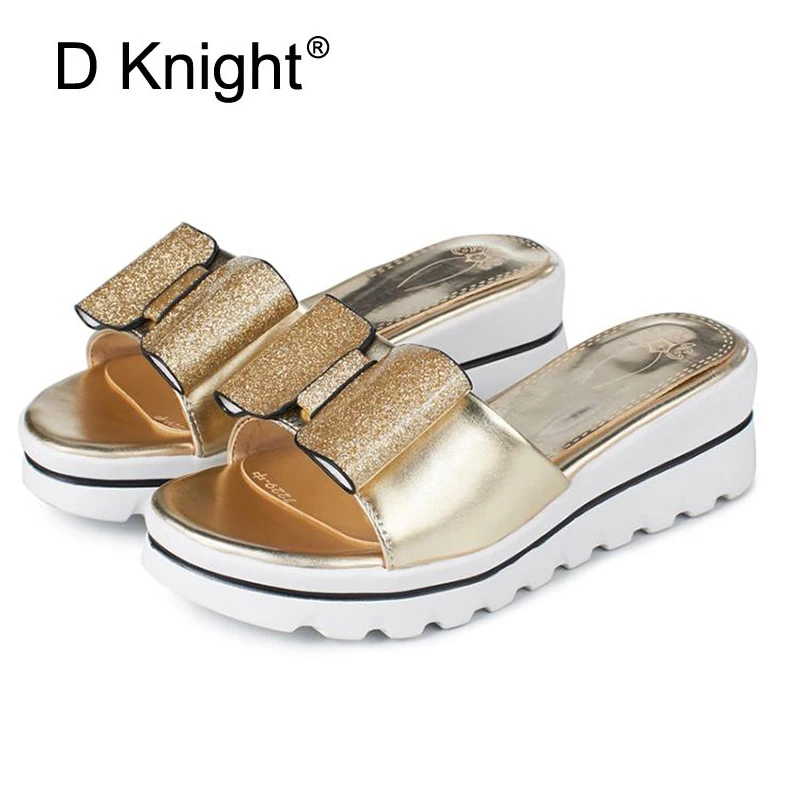 

Glitter Bow Slippers Summer Beach Wedges Sandals Casual Platform Shoes Woman Bling High Heels Flip Flops Women Shoes Gold Silver