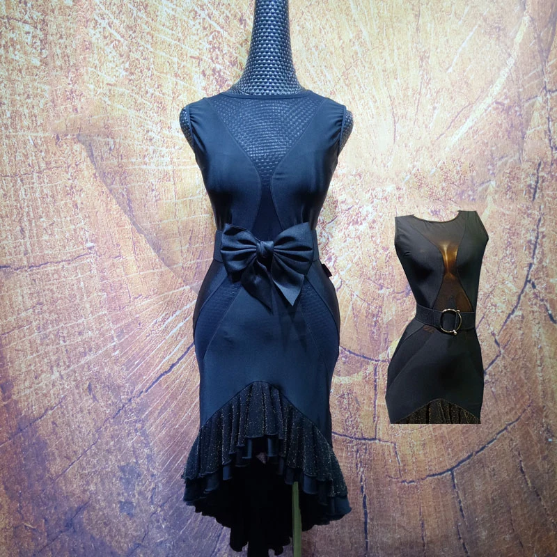 

Black Latin Dance Dress Women Giving Belt Lotus Leaf Skirt Rumba/chaCha Flamengo Female Professional Black Latin Dress VDB426