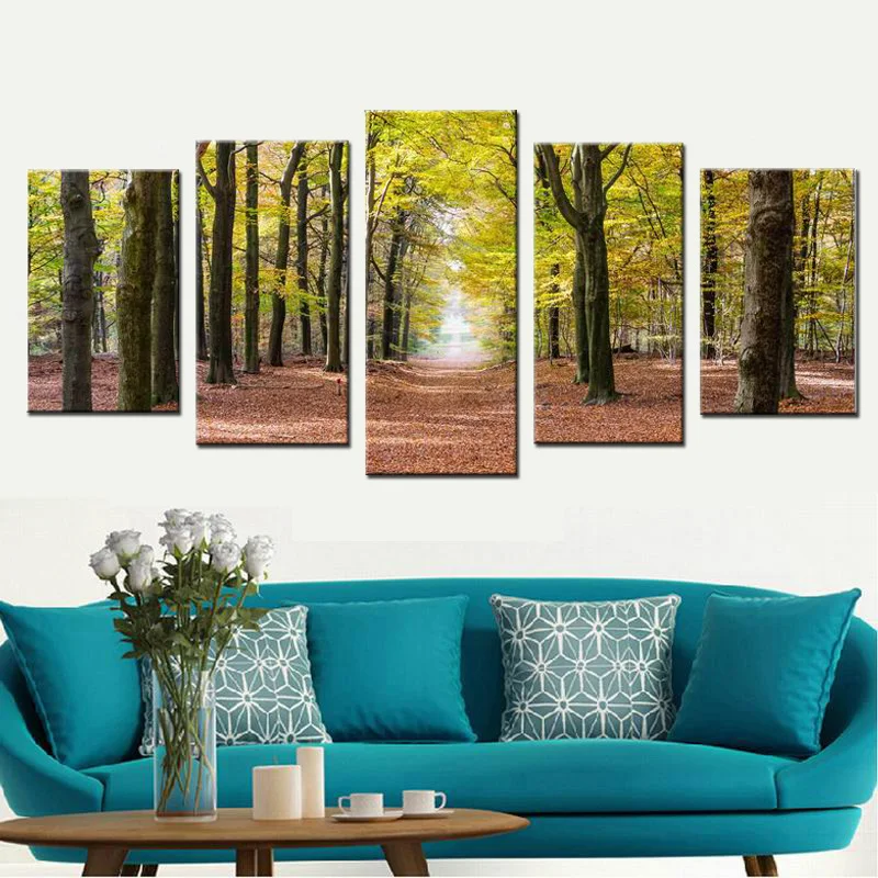 

5 Panel Modern Printed Tree Painting Picture Autumn Forest Landscape Canvas Printings Waterproof Artwork Wall Picture Unframed
