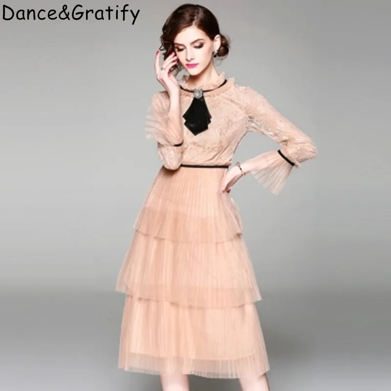 

High Quality Solid Lace Mesh Sweet Princess Party Dress New 2019 Spring Elegant Women Casual Ruffles Rhinestones Bow Dresses