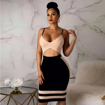 

2020 Bandage Dresses Spaghetti Strap Sleeveless Deep V Backless Sexy Club Evening Party Dress Patchwork Clothing Vestidos