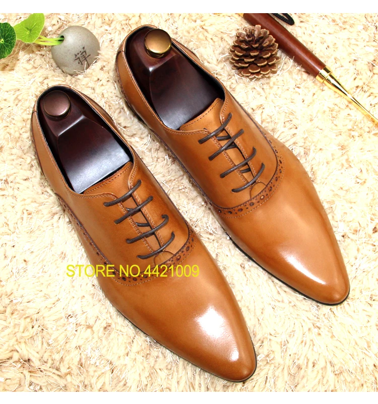 

Italy Man Formal Pointed Toe Handmade Wedding Oxfords Shoes 2018 Lace up Male Spring Autumn Real Leather Borgues Carved Shoes