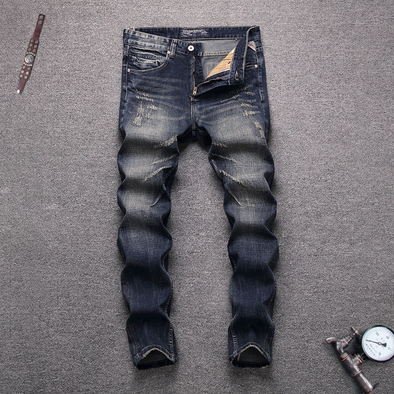 

Italian Vintage Style Fashion Men Jeans Retro Wash Slim Fit Ripped Jeans Men Black Blue Color Streetwear Destroyed Hip Hop Jeans