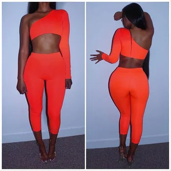 

BKLD Two Piece Set Top And Pants 2019 Summer Sexy One Shoulder Neon Orange Color 2 Piece Set Tracksuit Women Two Piece Outfits