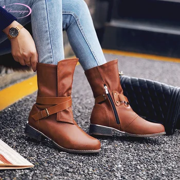 

European casual style round toe mid-calf boots fashion zipper buckle black grey yellow low heel motorcycle boots women's shoes