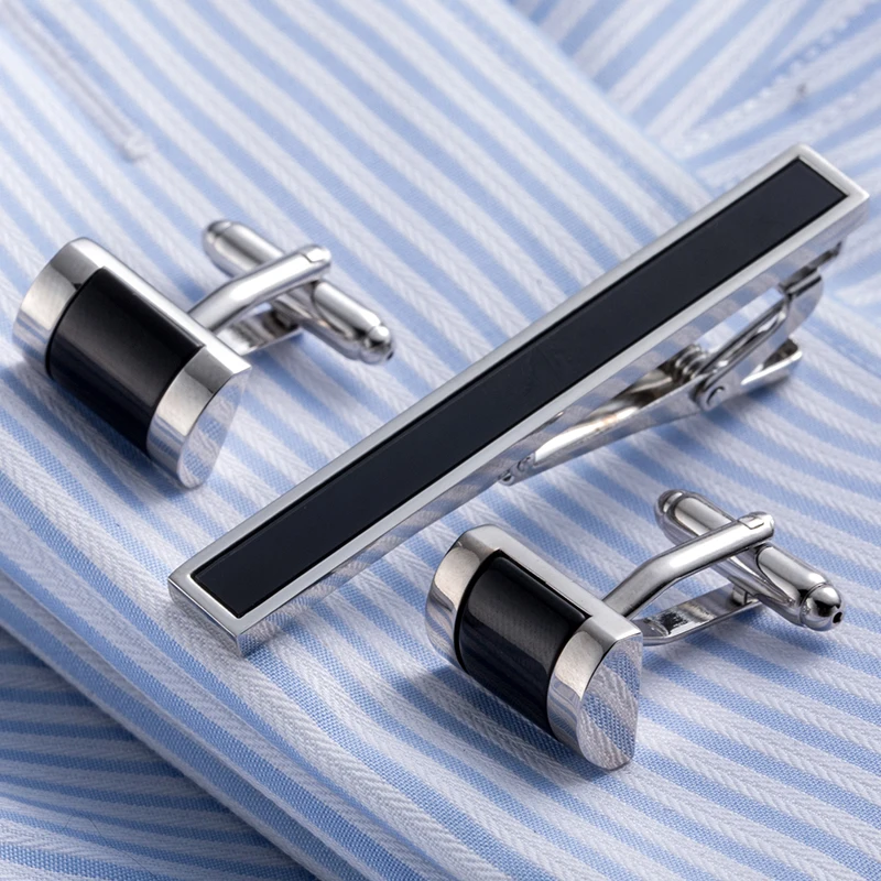 

Vagula New Style Fashion Black Square Opal Cufflink and Tie Clip Set Men's Cuff link French Shirt Cufflink 19