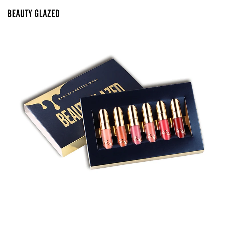 BEAUTY GLAZED Brand Lip Makeup Matte Lip Gloss Easy To Wear Long-lasting Lip Gloss Waterproof Lip Cometics 6 Colors In 1 Set