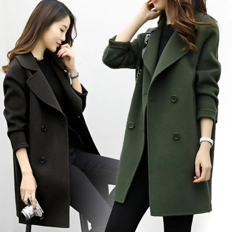 Women Wool Blend Warm Long Coat Plus Size Female Slim Fit Lapel Woolen Overcoat Autumn Winter Cashmere Outerwear