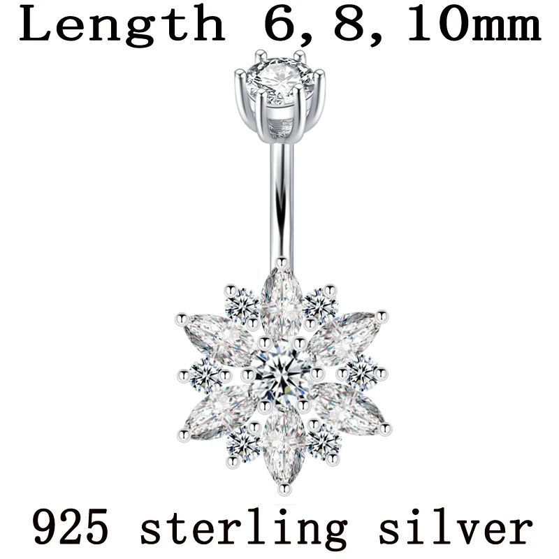 Goedkoop Belly button ring echte 925 sterling zilveren vrouwen bloem zirkoon clear stones body sieraden puur zilver body piercing gratis verzending