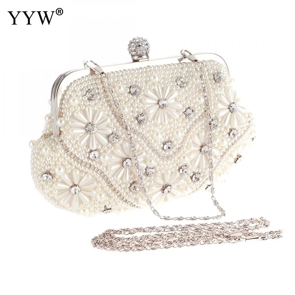 YYW Pearl Bags Lady New Shoulder Clutch Bag White Brides Handbag