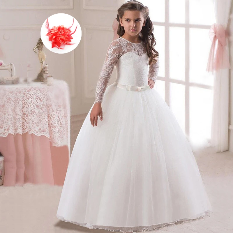 

Bowed Waist Prom Ball Gowns for Children Girl Party Dress Set In Lavender Red Peach Lace Sleeves Girls White Wedding Dress