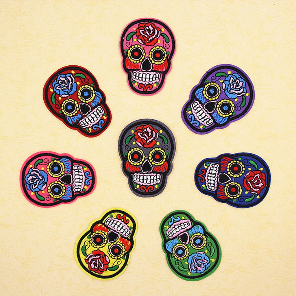 fityle 8 Pcs Sugar Skull Iron On/Sew Cloth Patch Badge Mexico Day of the Dead Appliques DIY crafts for shirts jeans hats blouses