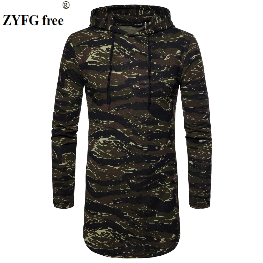 

New long sleeve Hooded T-shirt Male slim 2018 summer style camo pattern Cotton blended casual length t-shirt men EU/US size XXL