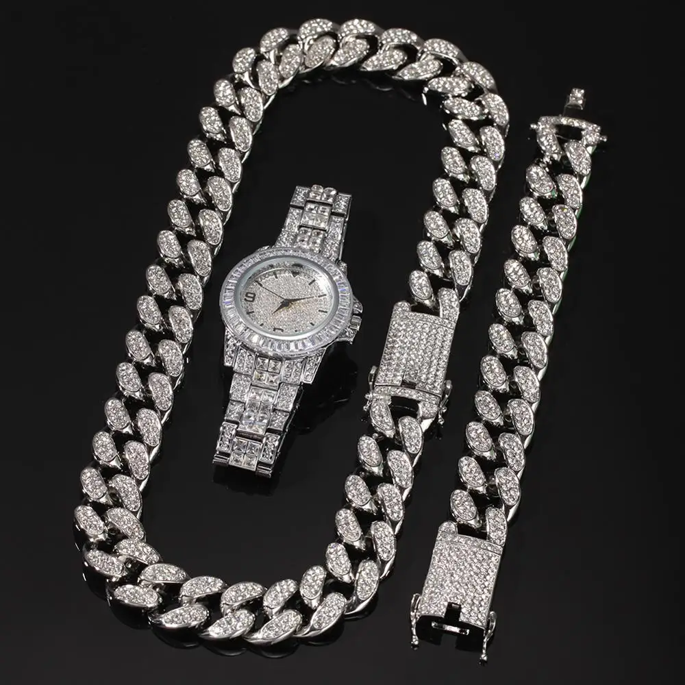 Ceny 2cm Hip Hop złoty kolor Iced Out kryształ Miami kubański łańcuch złoty srebrny naszyjnik i bransoletka zestaw zegarków gorąca sprzedaży HIP HOP król