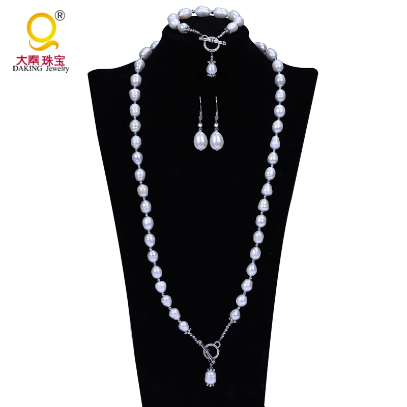 

Natural cultured freshwater pearl jewelry sets women 10mm pearl sets bracelet necklace earring jewelry silver fine jewelry
