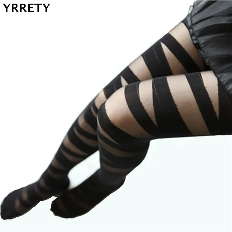 

YRRETY 2019 New Spring Autumn Women Sexy Stripe Ripped Cut-Out Bandage Ultra-thin Tights Elastic Slim Pantyhose Thin Accessory