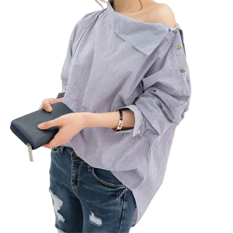

2019 Spring Women's Fashion Casual Sexy Skewed Striped Long Sleeve Free Plus Size Bat Wing Shape Sleeve Ladies Blouses Shirts To