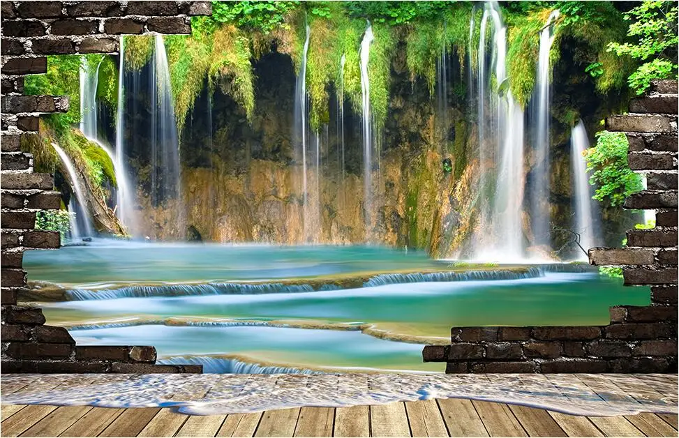 Kustom Foto 3d Mural Dinding Wallpaper Air Terjun Gunung Menjalankan