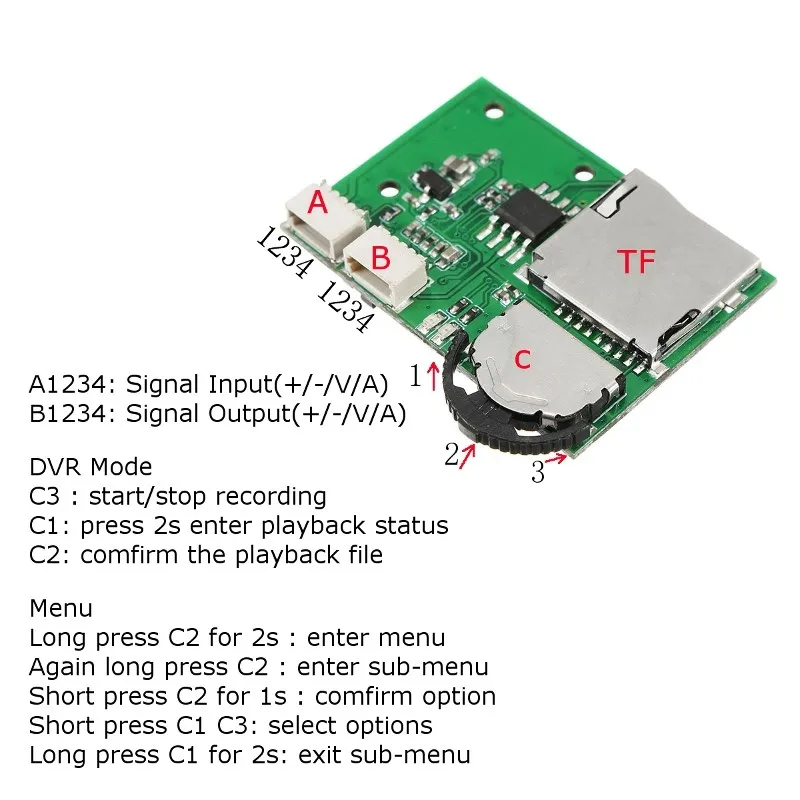 1 шт. DIY Micro DVR VCR модуль мини видео рекордер поддержка воспроизведения записи SD карта электронная плата со схемными элементами