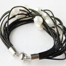 Цена 16new^^ 15 прядей натуральный белый жемчуг черный кожаный магнитный браслет e2359