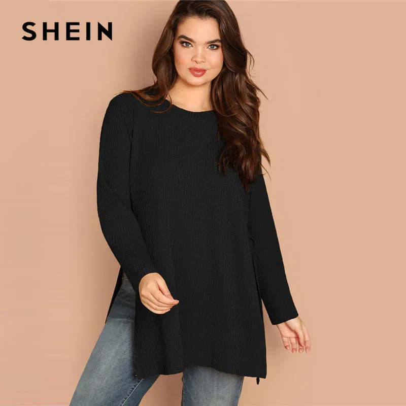 SHEIN Black Plus Size Ribbed Knit Solid Split Hem Ladies Tee 2019