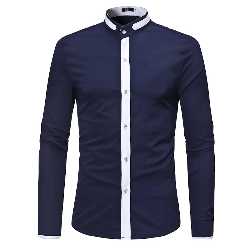 

Spring New Men Cotton Stitching Color Slim Shirts Men Casual Stand Collar Long-sleeve Simple Shirts for Male S-XL