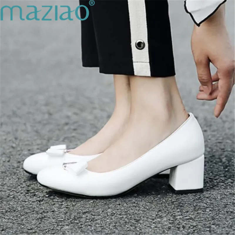 

Shoes Woman Heels Round Head Shallow Mouth Bow Sexy Thick Heel Party Ladies Shoe Casual Black White Beige MAZIAO