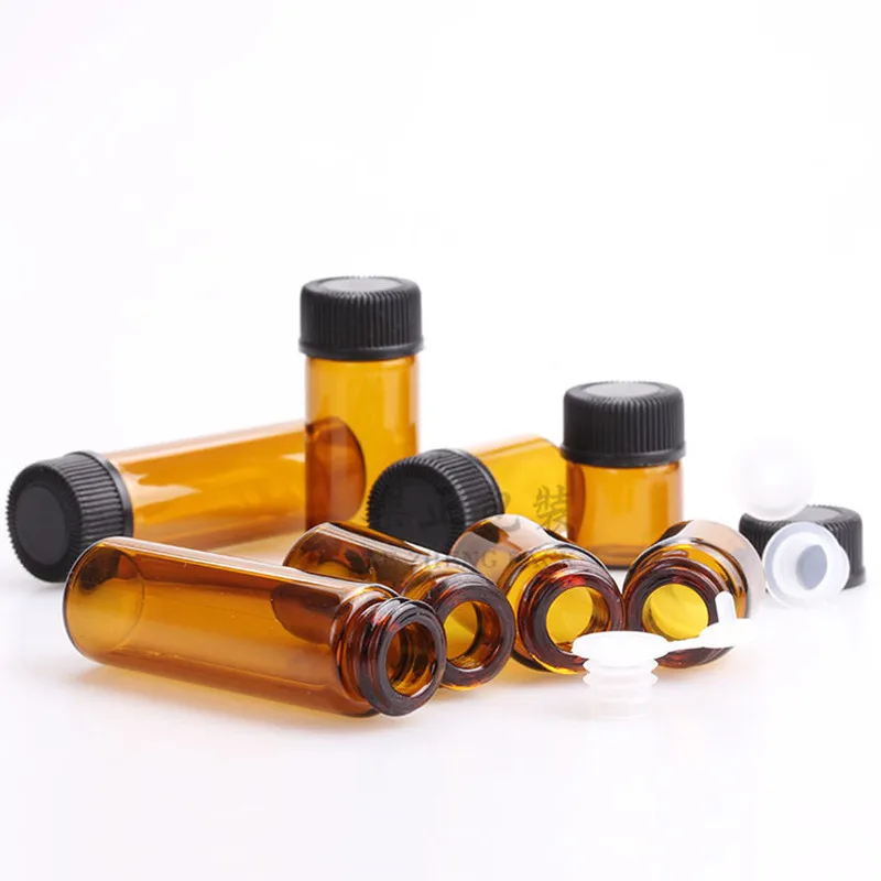 100PCS*1/2/3ML Amber Glass Bottle Inne Plug Mini Vial Essential Oil Cosmetic Container Screw Cap Sample Makeup Refillable Tube 50pcs 5ml roll on bottle amber glass lotion tube small empty cosmetic container sample makeup perfume packing refillable parfum