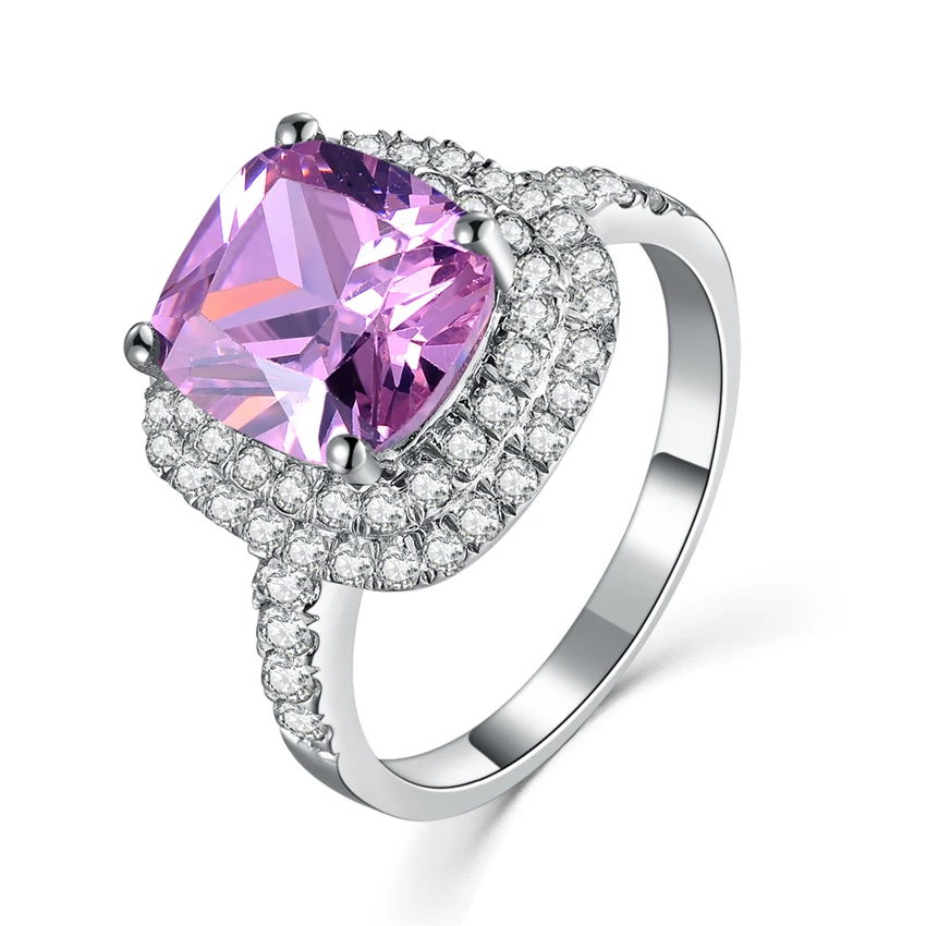 Never Tarnish 14K White Gold Ring Pink Jewelry 2CT Halo Double Paved