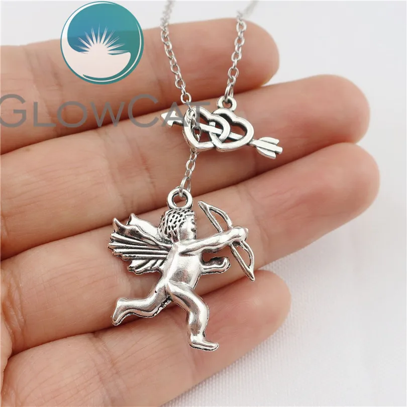 

New Fashion Necklace Love Angel Cupid Antique Silver Bow Arrow Heart Pendants Short Women Men Colar Gift Jewelry Choker
