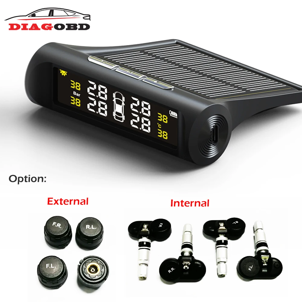 

Solar TPMS Car Tire Pressure Alarm Monitoring System LCD Display 4 Internal / External Sensor Temperature Warning