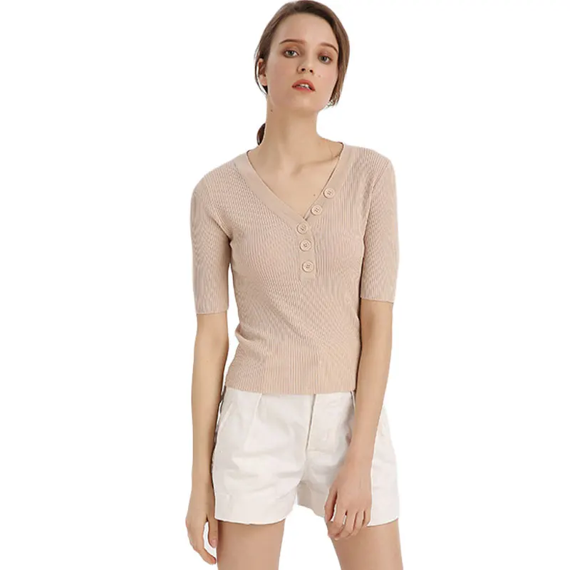 Women Button Trim V Neck Knitting Shirt Elastic Tight Rib Knit Sweater
