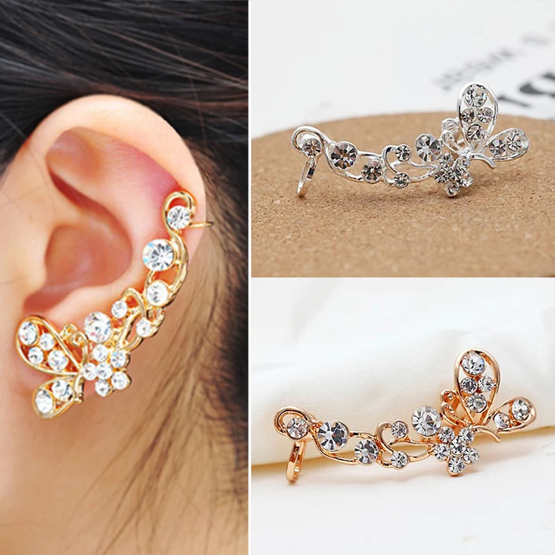 Sale 1PC Single Right Earrings Ear Bone Clip Flash Butterfly No Ear Spiral U Shaped Earrings For