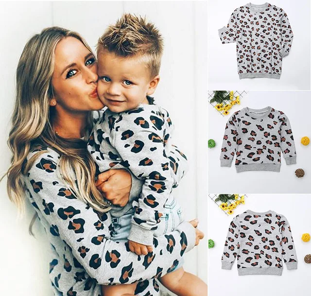 

CYSINCOS Mother Daughter Family Matching Outfit Women Girl Boys Autumn Sweatshirt Tops Clothes Leopard Print Pullover T-shirt