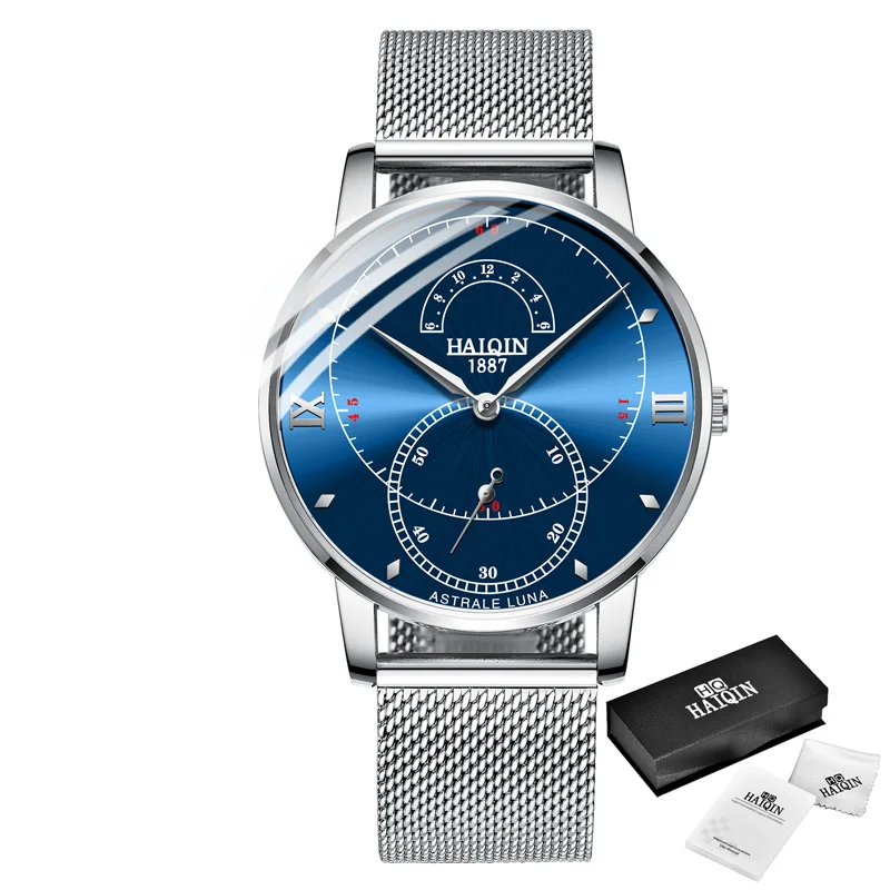 HAIQIN Лидирующий бренд Роскошные мужские часы кварцевые часы мужские повседневные тонкие сетчатые стальные водонепроницаемые спортивные часы Relogio Masculino - Цвет: Silver blue